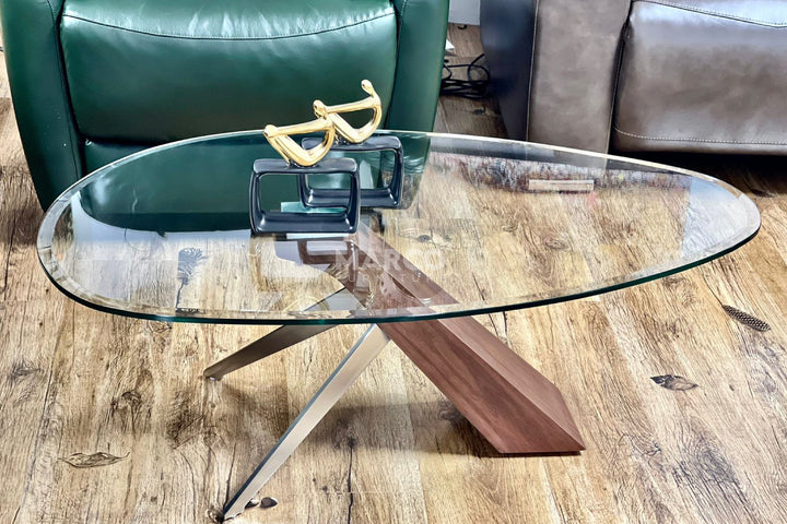 Arco Glass Coffee Table in Walnut Color with 12mm Tempered Glass Top