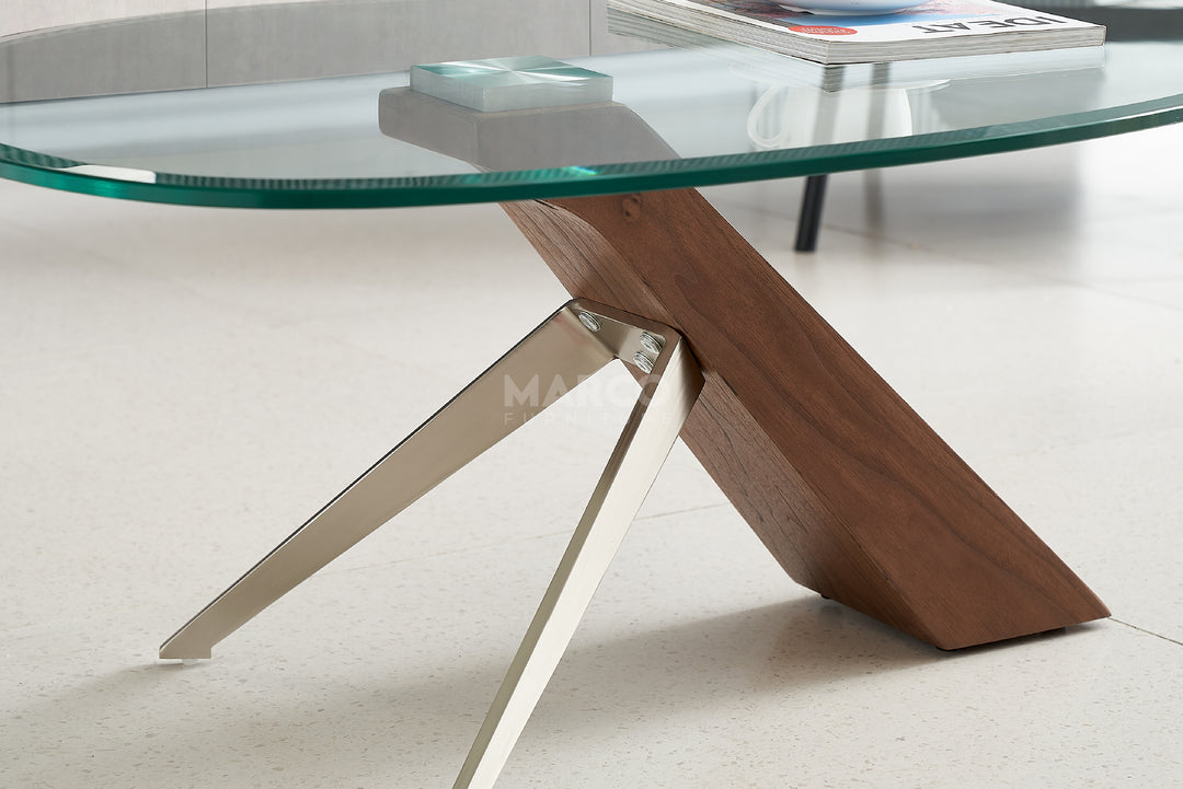 Arco Glass Coffee Table in Walnut Color with 12mm Tempered Glass Top