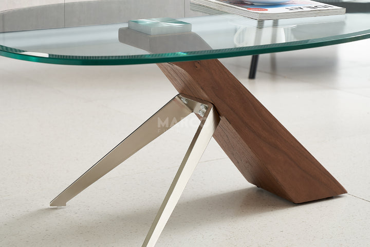 Arco Glass Coffee Table in Walnut Color with 12mm Tempered Glass Top