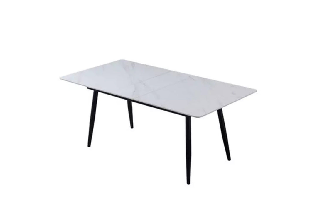 Rectangular table with white marble top and black legs on a white background
