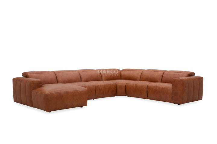 Brown sectional sofa with 'Marco' branding on a white background