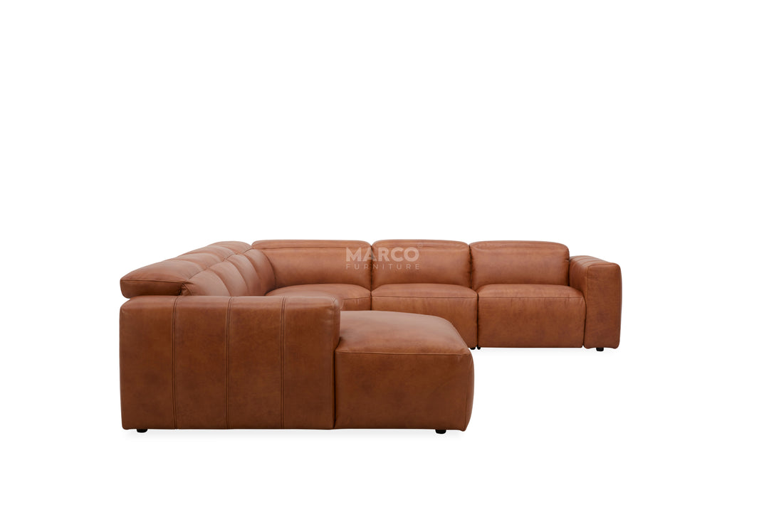 Brown leather sectional sofa with ottoman on a white background, featuring the brand 'Marco'.