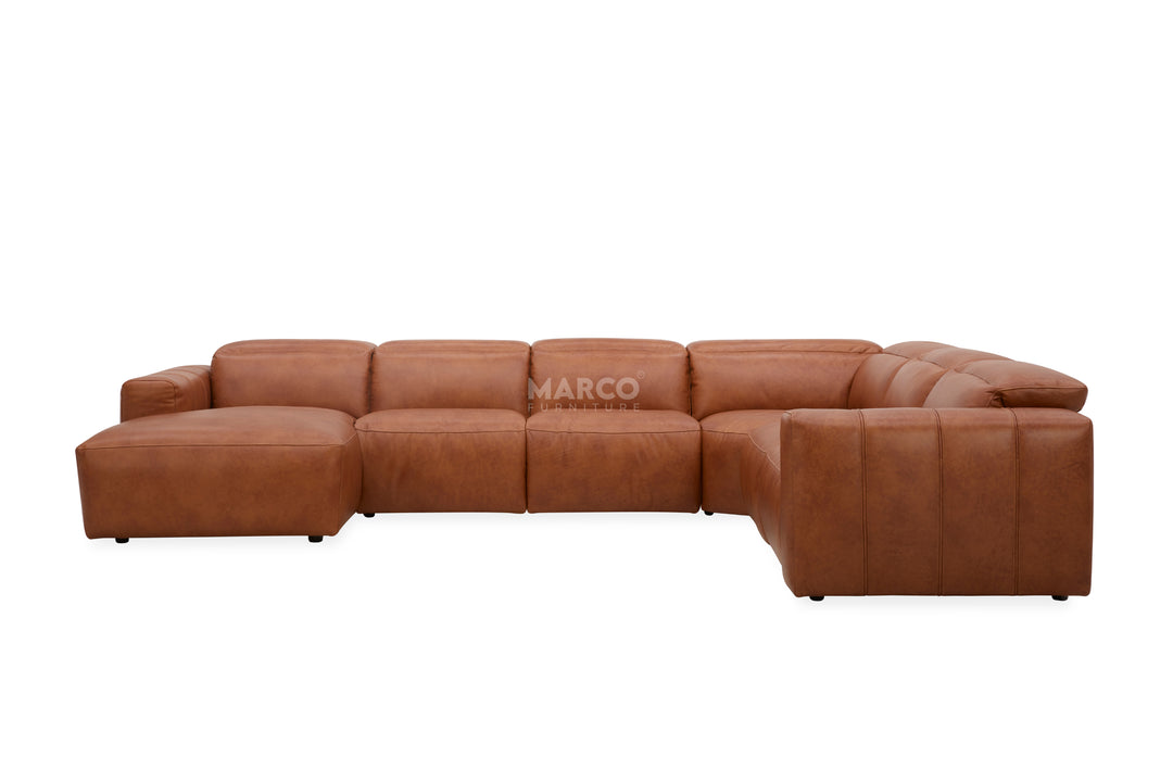 Brown leather sectional sofa on a white background