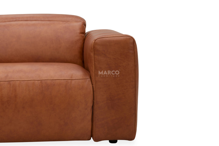 Brown leather sofa with 'Marco' branding on a white background