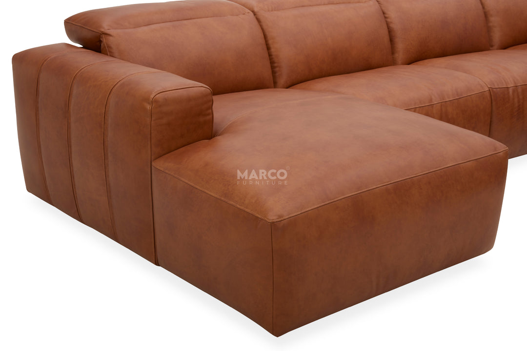 Brown leather sectional sofa with 'MARCO' branding on a white background
