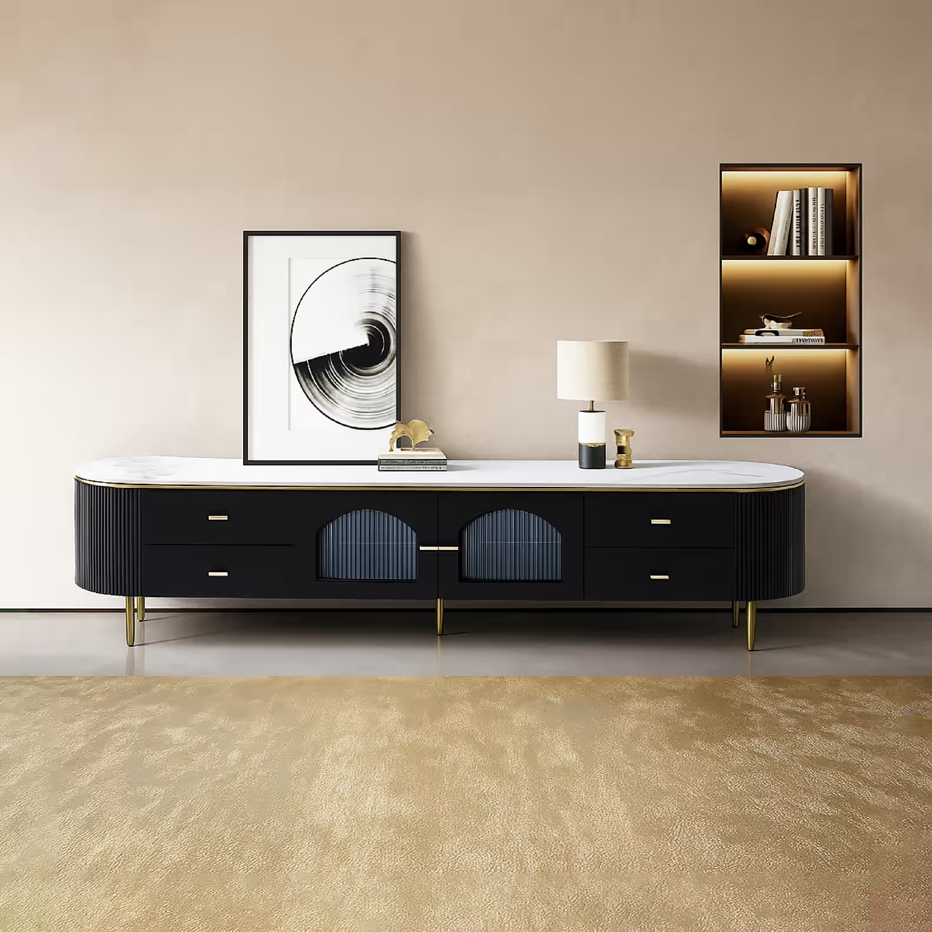 Modern black entertainment console with white top in a room with a beige wall and gold carpet.