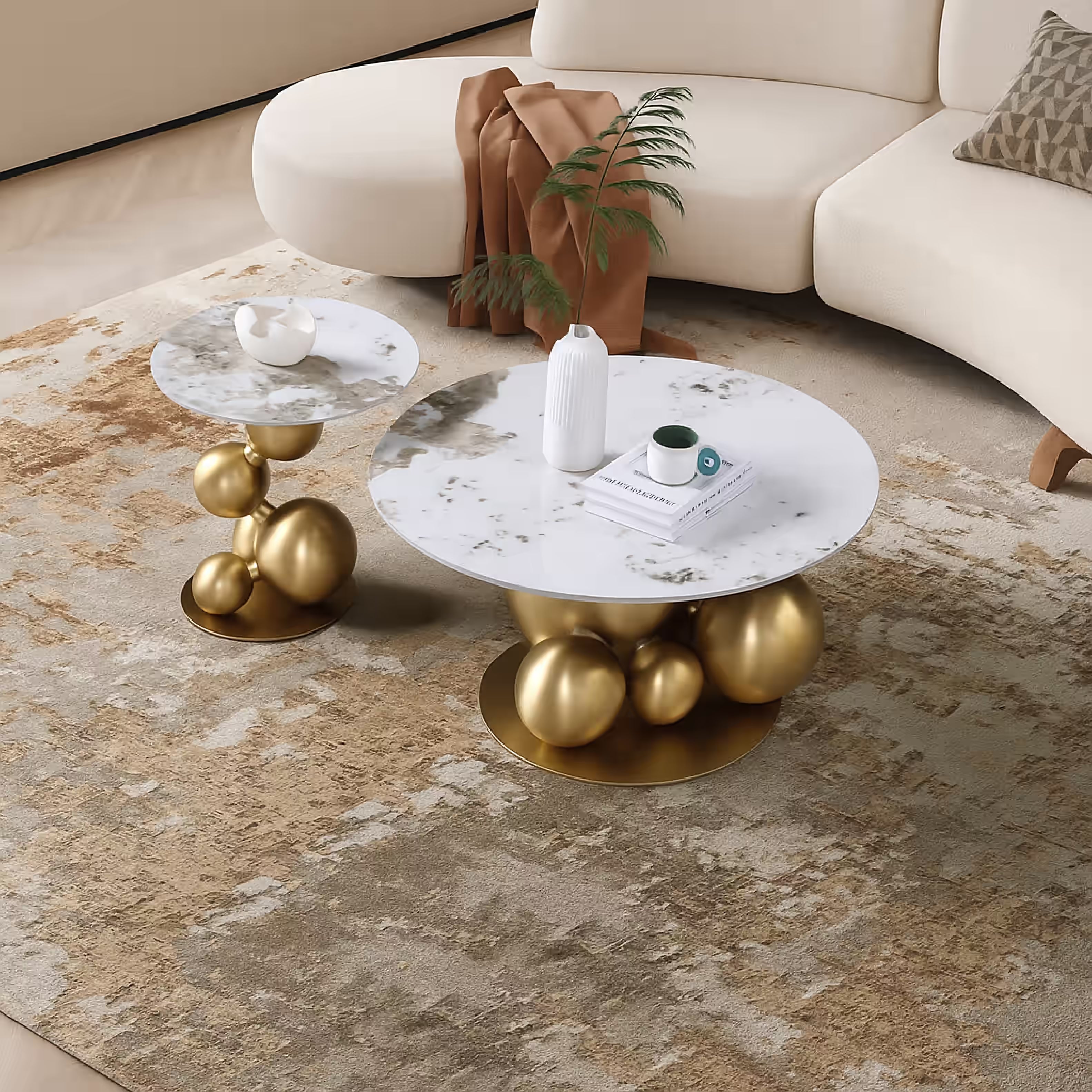 Modern living room with marble coffee table and decorative items