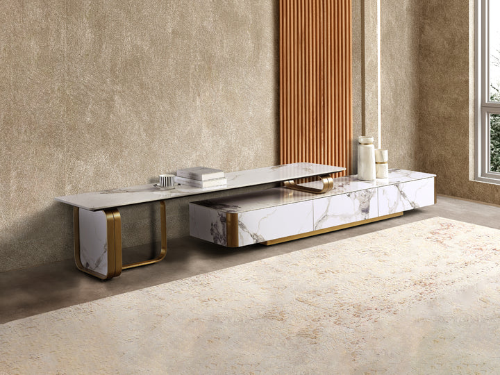 Vittoria Extendable Sintered Stone TV Unit -  Gold Stainless Steel Base