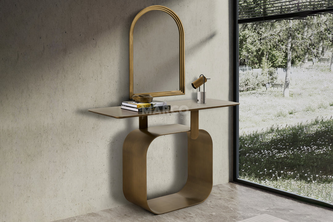 Modern console table with mirror against a concrete wall with a window view.