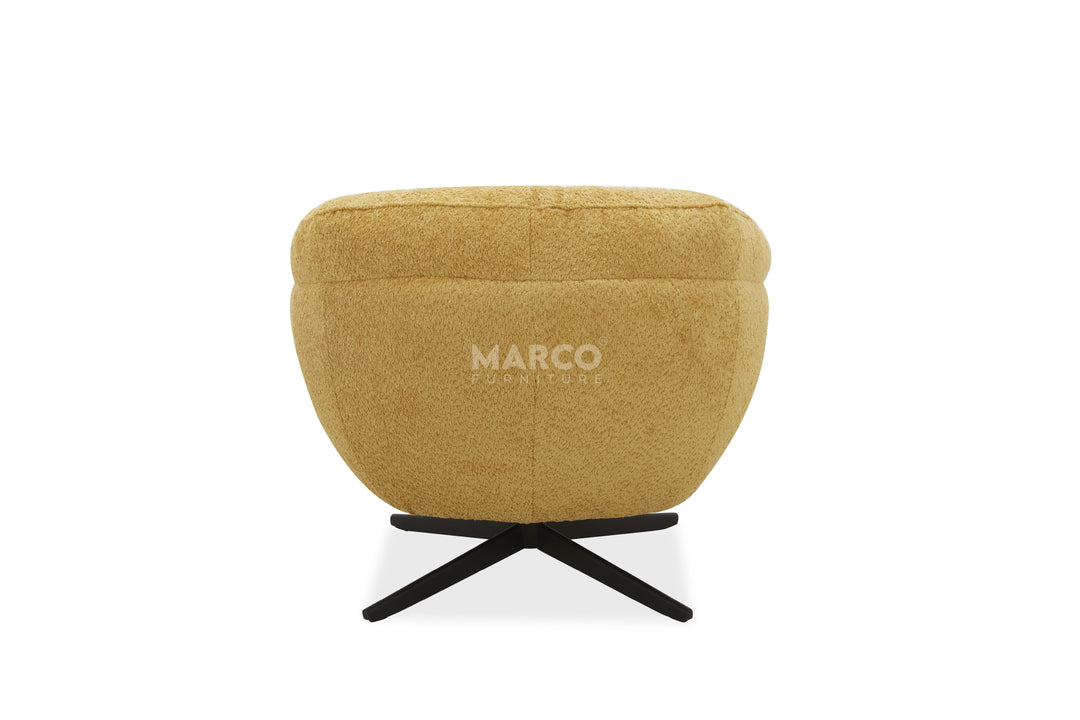 Beige ottoman with black base on a white background, featuring the brand 'Marco'.