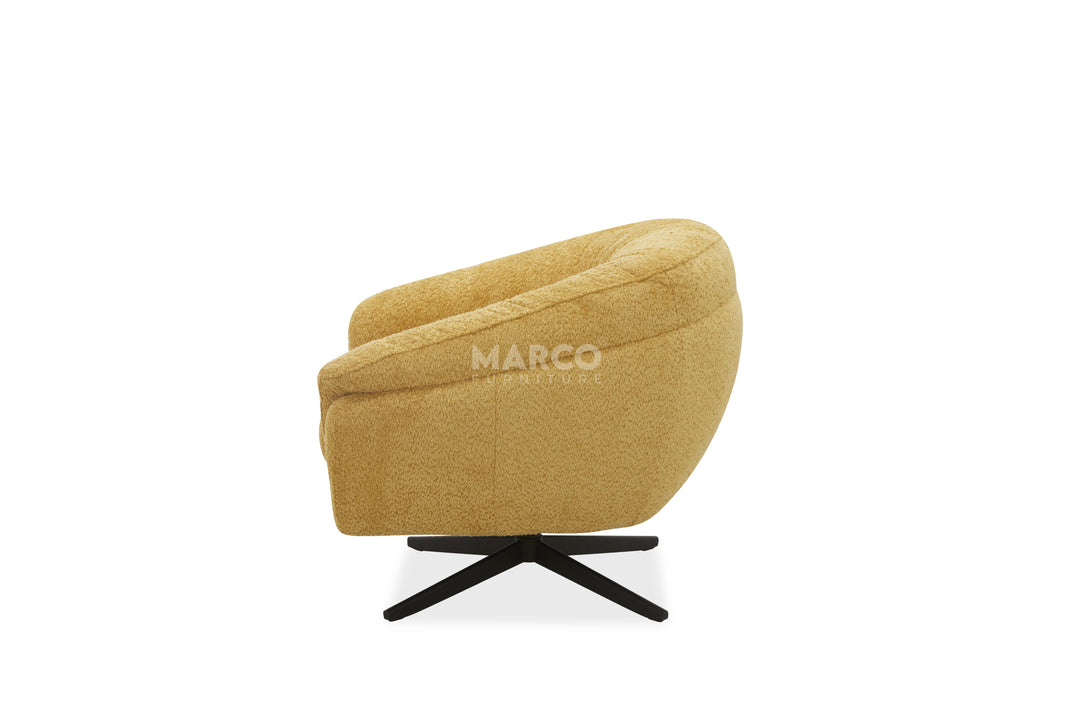 Beige armchair with black base on a white background, featuring the brand 'Marco'.
