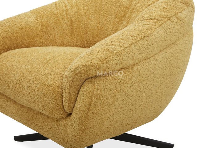 Gold upholstered chair with 'Marco' branding on a white background