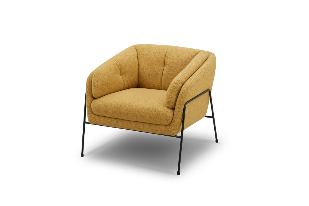 Yellow armchair with black metal legs on a white background