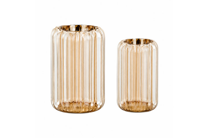 Aurelia Ribbed Glass Vase - Amber Fluted Decorative Vase (Set of 2)
