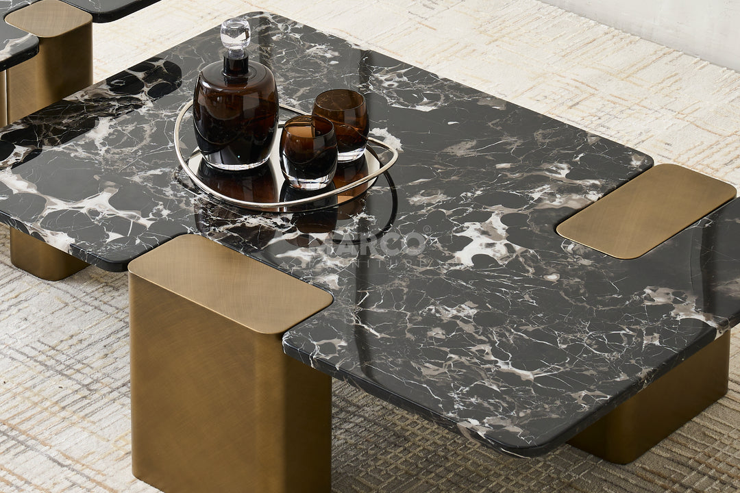 Aurora Black Rose Marble Top Coffee Table -  Metal Legs in Gold