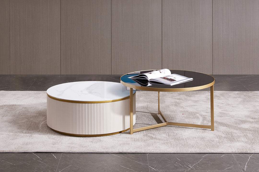 Austin Round Coffee Table Set in Matte Finish with Golden Metal Base, Ceramic Top, and Soft-Close Wood Drawers