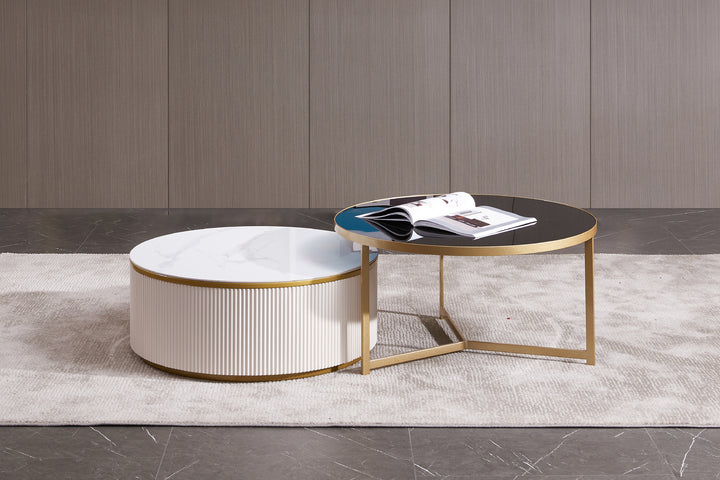 Austin Round Coffee Table Set in Matte Finish with Golden Metal Base, Ceramic Top, and Soft-Close Wood Drawers