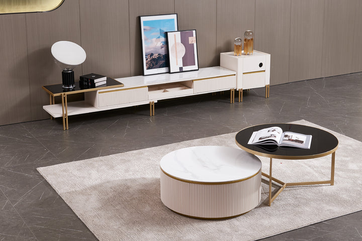 Austin Round Coffee Table Set in Matte Finish with Golden Metal Base, Ceramic Top, and Soft-Close Wood Drawers