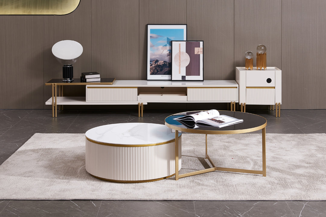 Austin Round Coffee Table Set in Matte Finish with Golden Metal Base, Ceramic Top, and Soft-Close Wood Drawers