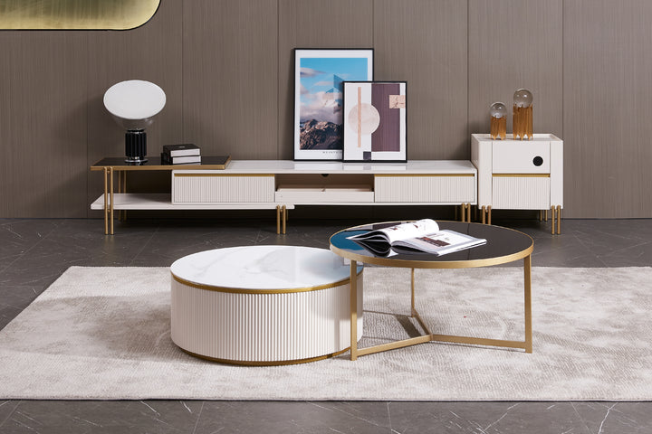 Austin Round Coffee Table Set in Matte Finish with Golden Metal Base, Ceramic Top, and Soft-Close Wood Drawers