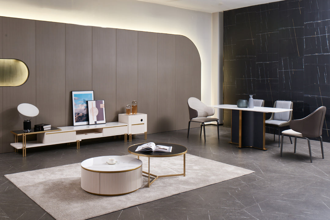 Austin Round Coffee Table Set in Matte Finish with Golden Metal Base, Ceramic Top, and Soft-Close Wood Drawers