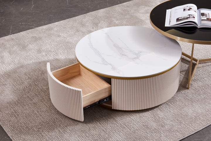 Austin Round Coffee Table Set in Matte Finish with Golden Metal Base, Ceramic Top, and Soft-Close Wood Drawers
