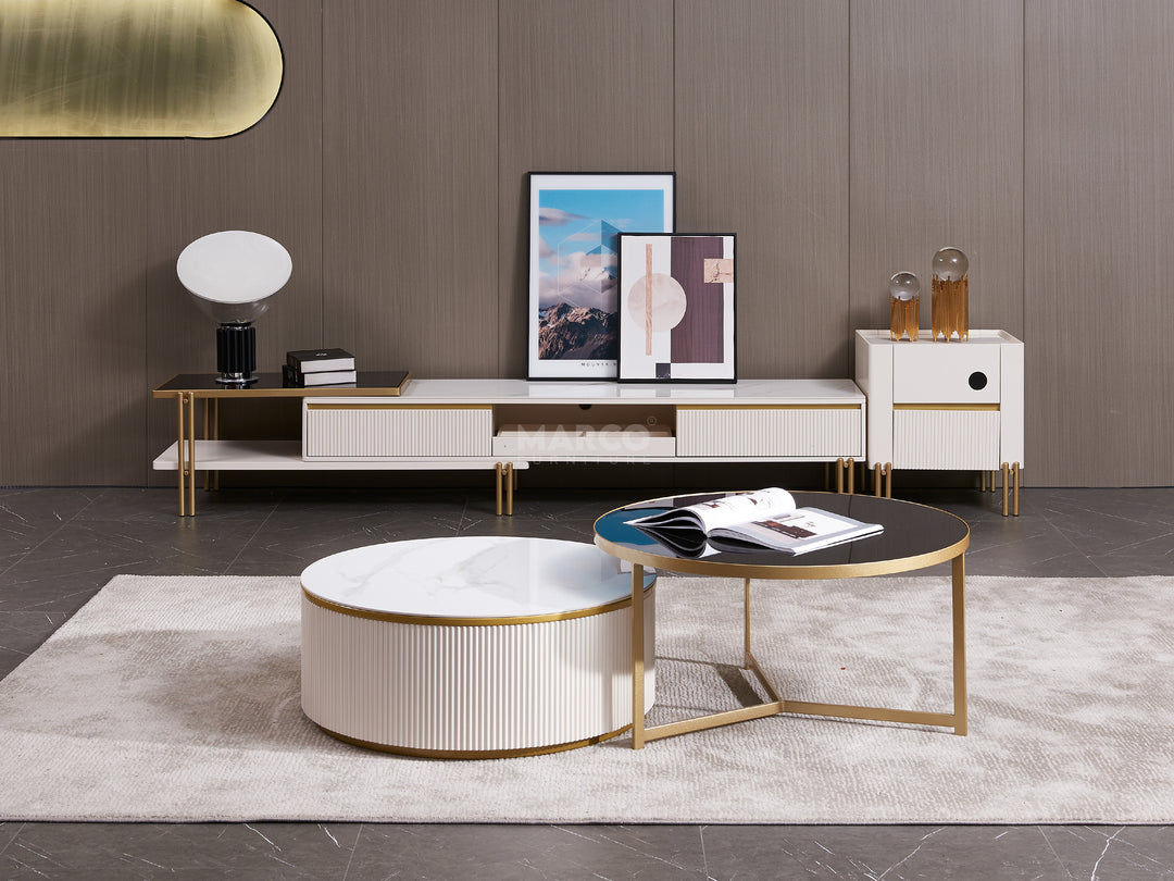 Modern living room with coffee table, side table, and decor against a brown wall.