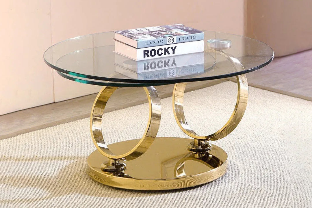 Avalanche Glass Top Swivel Coffee Table with Stainless Steel Gold Base