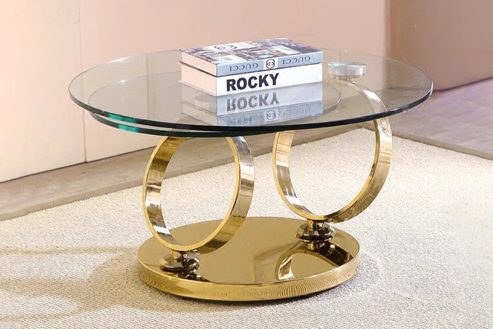 Avalanche Glass Top Swivel Coffee Table with Stainless Steel Gold Base