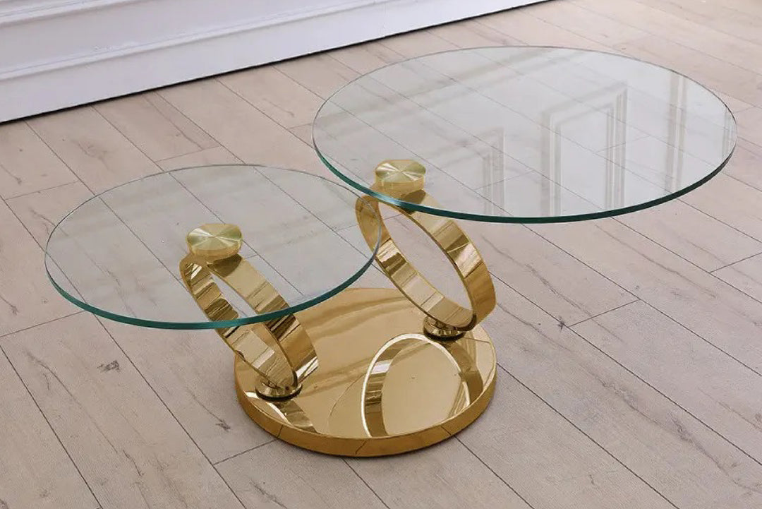 Avalanche Glass Top Swivel Coffee Table with Stainless Steel Gold Base