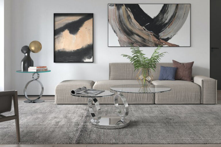 Modern living room with abstract art and a sofa.