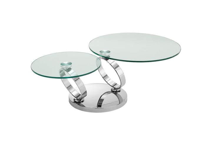 Glass coffee table with chrome base on white background