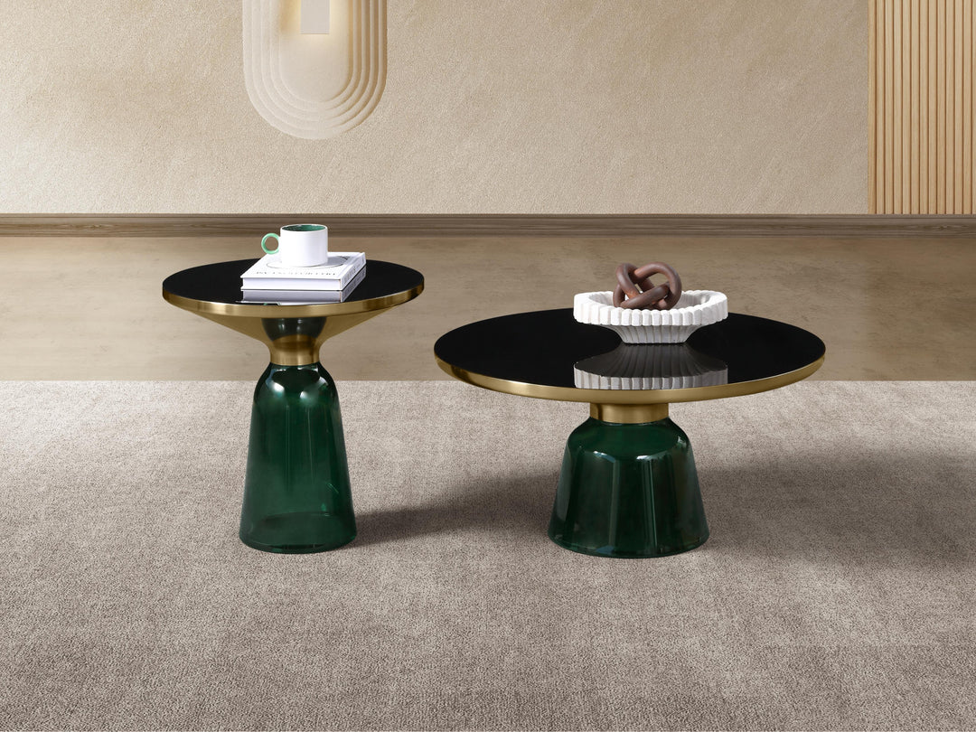 Bell Round Glass Coffee Table (GREEN) with Hand-Blown Glass Base (Set of 2)