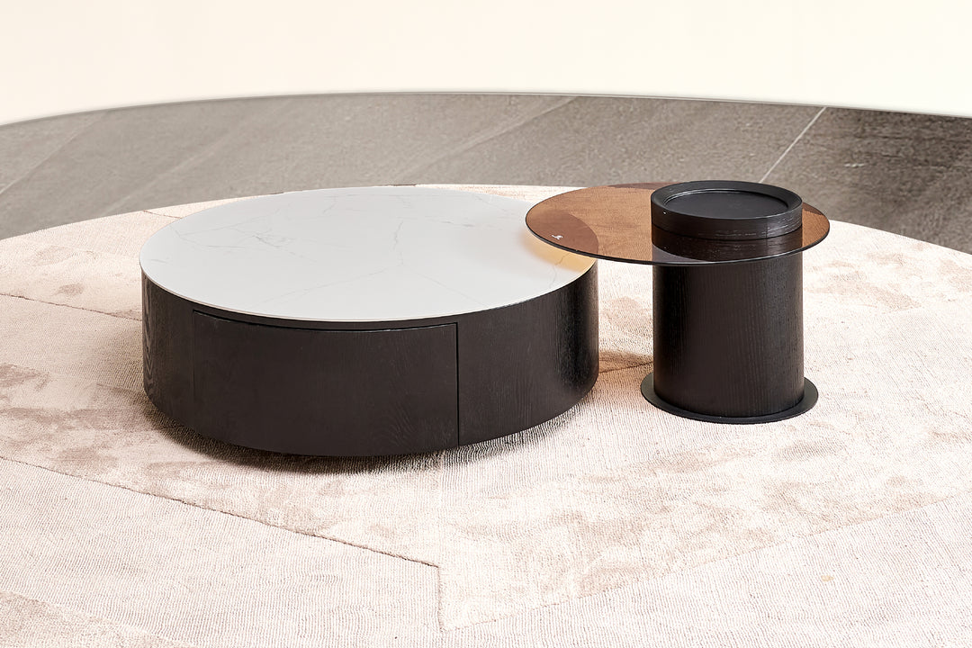 Bahamas Round Ceramic Coffee Table with 2 Drawers & Glass Top Side Table (Set of 2)