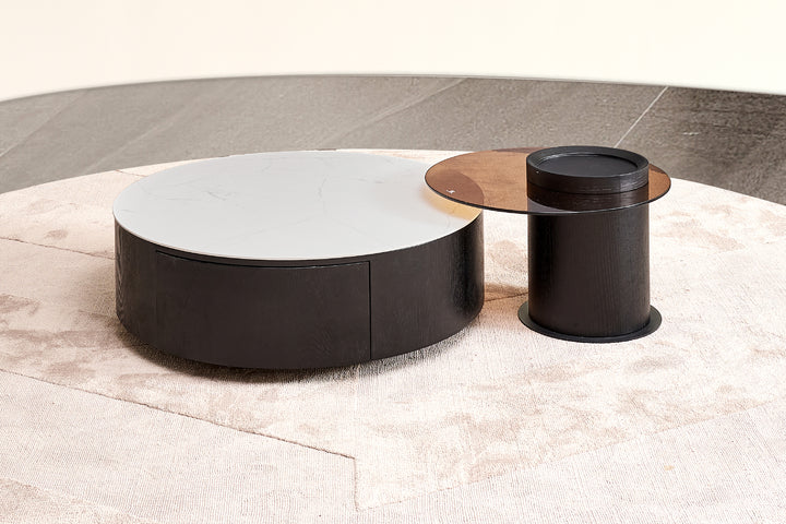 Bahamas Round Ceramic Coffee Table with 2 Drawers & Glass Top Side Table (Set of 2)