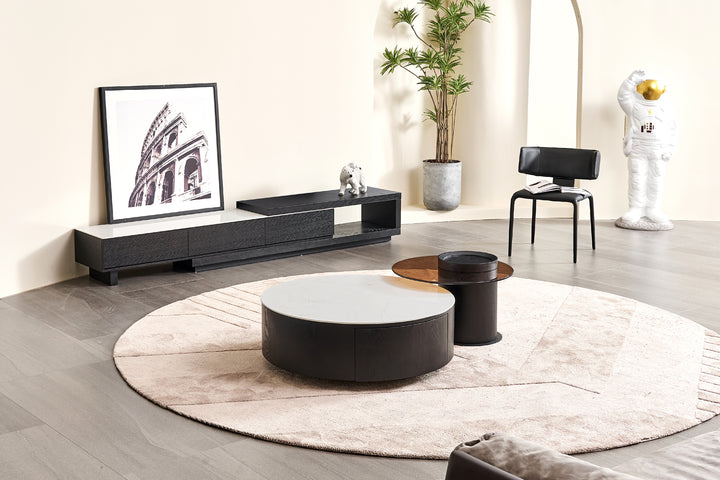 Bahamas Round Ceramic Coffee Table with 2 Drawers & Glass Top Side Table (Set of 2)