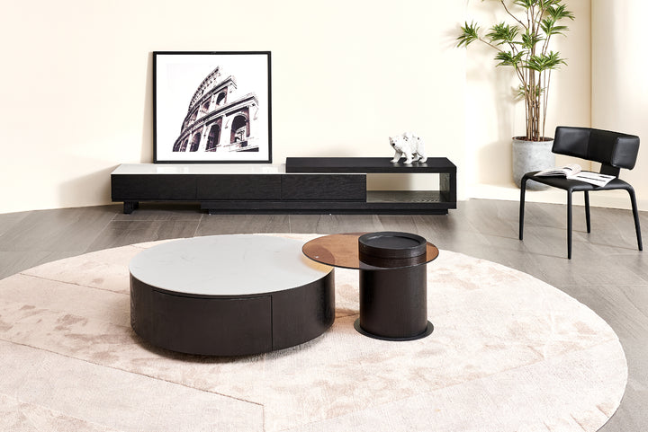 Bahamas Round Ceramic Coffee Table with 2 Drawers & Glass Top Side Table (Set of 2)