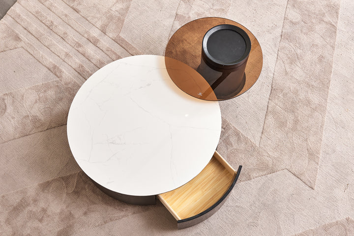 Bahamas Round Ceramic Coffee Table with 2 Drawers & Glass Top Side Table (Set of 2)