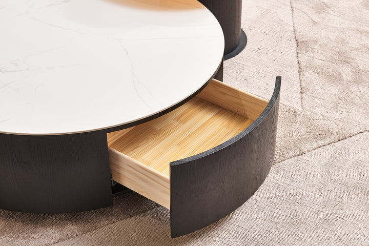 Bahamas Round Ceramic Coffee Table with 2 Drawers & Glass Top Side Table (Set of 2)