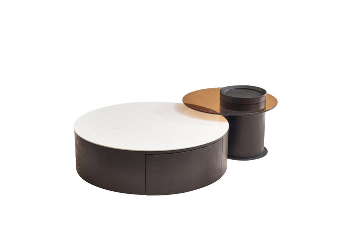 Bahamas Round Ceramic Coffee Table with 2 Drawers & Glass Top Side Table (Set of 2)