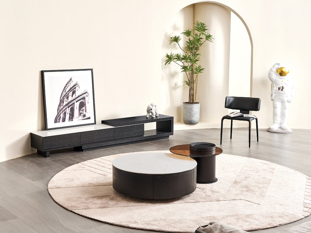 Modern living room with a TV stand, coffee table, and decor.