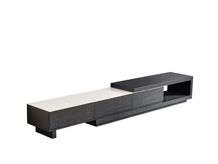 Modern TV stand with black and white design on a white background
