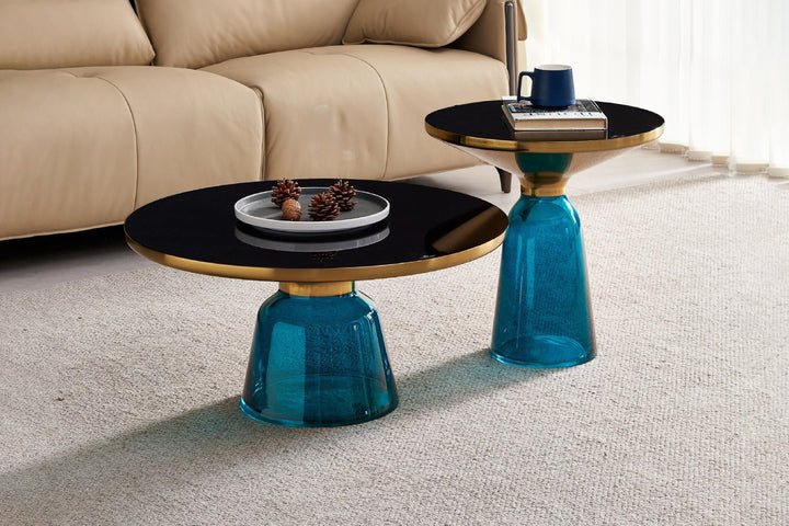 Bell Round Glass Coffee Table (BLUE) with Hand-Blown Glass Base (Set of 2)