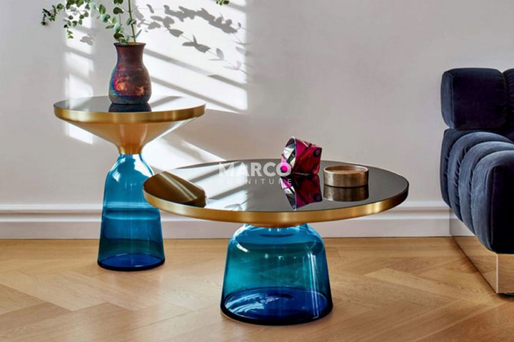 Bell Round Glass Coffee Table (BLUE) with Hand-Blown Glass Base (Set of 2)