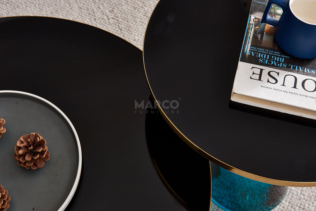 Bell Round Glass Coffee Table (BLUE) with Hand-Blown Glass Base (Set of 2)