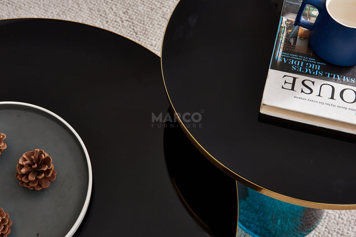 Bell Round Glass Coffee Table (BLUE) with Hand-Blown Glass Base (Set of 2)