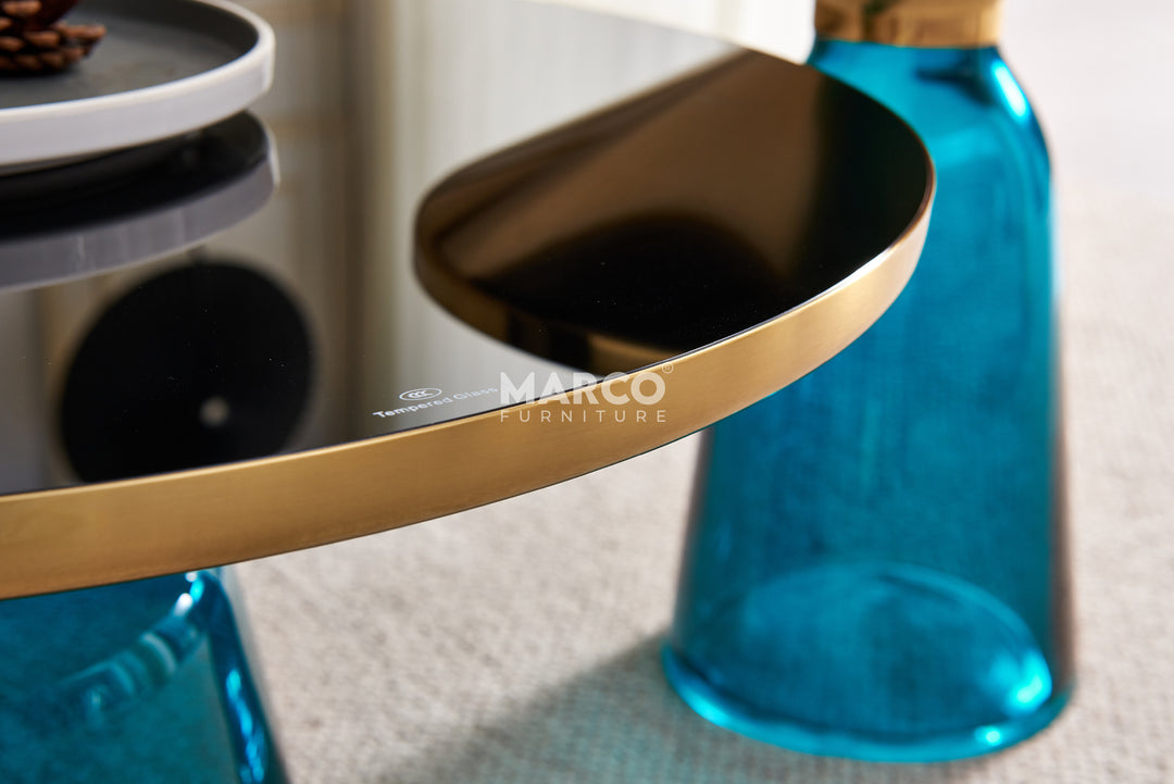 Bell Round Glass Coffee Table (BLUE) with Hand-Blown Glass Base (Set of 2)