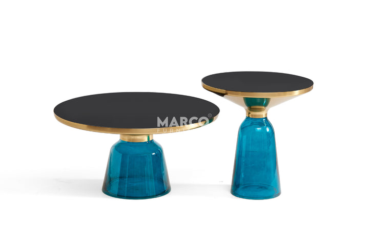 Bell Round Glass Coffee Table (BLUE) with Hand-Blown Glass Base (Set of 2)