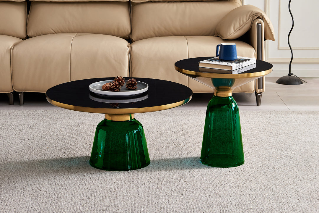 Bell Round Glass Coffee Table (GREEN) with Hand-Blown Glass Base (Set of 2)