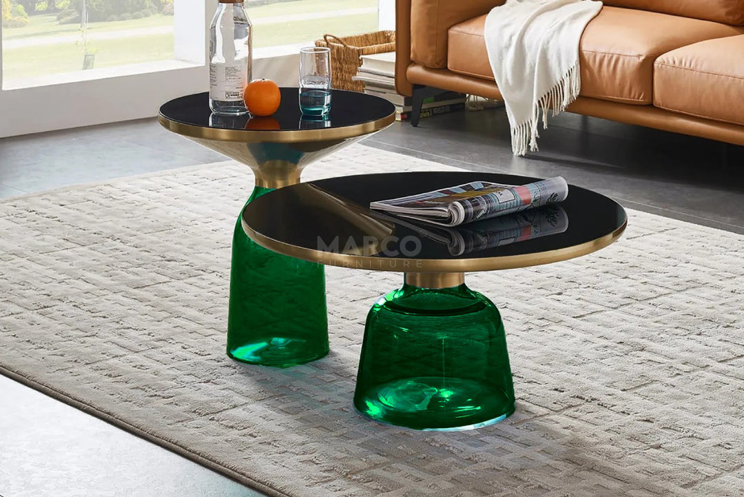 Bell Round Glass Coffee Table (GREEN) with Hand-Blown Glass Base (Set of 2)